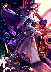 Rule 34 | 1girl, absurdres, adapted costume, alternate headwear, ass, bare shoulders, black socks, blue dress, blush, branch, breasts, bug, butterfly, cherry blossoms, cleavage, cloud, detached sleeves, dress, dual wielding, egasumi, expressionless, folding fan, frilled dress, frilled sleeves, frills, full moon, goshoguruma, hand fan, highres, hitodama, holding, insect, janyhero, japanese clothes, jpeg artifacts, kikumon, kimono, kneehighs, light, looking at viewer, looking to the side, md5 mismatch, moon, night, night sky, obi, pink eyes, pink hair, resolution mismatch, saigyouji yuyuko, saigyouji yuyuko&#039;s fan design, sash, seigaiha, shippou (pattern), short hair, skindentation, sky, socks, solo, source smaller, spirit, strapless, strapless dress, thighs, touhou, veil, waves, wide sleeves, wind