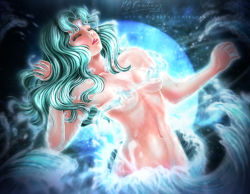 Rule 34 | 1girl, aqua hair, arched back, armpits, artist name, artistic nudity, bishoujo senshi sailor moon, breasts, closed eyes, closed mouth, collarbone, completely nude, epic, expressionless, eyelashes, facial mark, female focus, fingernails, forehead mark, hands up, hydrokinesis, kaiou michiru, kgfantasy, leaning back, legs, light rays, lipstick, long fingernails, makeup, medium hair, navel, neck, neptune (planet), neptune symbol, nude, outstretched arms, parted bangs, parted lips, planet, sailor neptune, small breasts, space, spread arms, symbol, thighs, unworn clothes, water, wavy hair