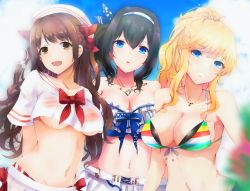 Rule 34 | 3girls, :d, :o, arms behind back, bare shoulders, beads, bikini, bikini skirt, black hair, blonde hair, blue bow, blue eyes, blue sky, blurry, blurry foreground, blush, bow, breasts, brown eyes, brown hair, cleavage, cloud, collarbone, crop top, cross-laced clothes, cross-laced skirt, day, frilled bikini, frills, front-tie bikini top, front-tie top, hair beads, hair bow, hair ornament, hairband, hat, heart, heart necklace, high ponytail, highres, idolmaster, idolmaster cinderella girls, jewelry, large breasts, long hair, looking at viewer, medium breasts, multicolored bikini, multicolored clothes, multiple girls, navel, necklace, ohtsuki yui, open mouth, outdoors, pleated skirt, red bow, ryuu., sagisawa fumika, sailor collar, sailor hat, see-through, shimamura uzuki, short sleeves, sidelocks, skirt, sky, sleeveless, smile, star (symbol), star necklace, stomach, strapless, striped bikini, striped clothes, swimsuit, teeth, underboob, white skirt, | |