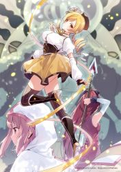 Rule 34 | 3girls, arm warmers, artist request, beret, blonde hair, boots, bow, breasts, drill hair, hair bow, hat, head tilt, high heel boots, high heels, highres, holy mami, hood, long hair, looking at viewer, magia record: mahou shoujo madoka magica gaiden, mahou shoujo madoka magica, miki sayaka, miniskirt, multiple girls, pink hair, polearm, red hair, skindentation, skirt, spear, tamaki iroha, thighhighs, tomoe mami, twintails, watermark, weapon