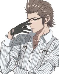 Rule 34 | 1boy, adjusting eyewear, armband, black gloves, brown hair, collared shirt, crossed arms, final fantasy, final fantasy xv, glasses, gloves, green eyes, hair slicked back, ignis scientia, jewelry, kanata (loser51), long sleeves, looking at viewer, male focus, necklace, pinstripe pattern, pinstripe shirt, shirt, short hair, sideburns, solo, striped, suspenders, upper body, white background