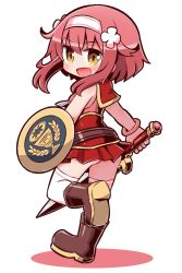 Rule 34 | 1girl, :d, ako (shinrabanshou), ass, bare shoulders, blush, boots, brown eyes, brown footwear, brown hair, brown shirt, character request, flower, hair between eyes, hair flower, hair ornament, hairband, highres, holding, holding shield, holding sword, holding weapon, knee boots, long hair, looking at viewer, looking back, naga u, open mouth, pleated skirt, red skirt, shield, shinrabanshou, shirt, shoe soles, sidelocks, skirt, sleeveless, sleeveless shirt, smile, solo, standing, standing on one leg, sword, thighhighs, thighhighs under boots, weapon, white background, white flower, white hairband, white thighhighs