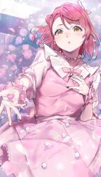 Rule 34 | 1girl, absurdres, black nails, blush, commentary, dream with you (love live!), dress, earrings, flower, hair ornament, hair ribbon, hairclip, highres, jewelry, kuziaaizuk, looking at viewer, love live!, love live! nijigasaki high school idol club, nail polish, necklace, parted lips, pearl earrings, pearl necklace, pink dress, pink flower, pink ribbon, pink rose, puffy short sleeves, puffy sleeves, red hair, ribbon, rose, short hair, short sleeves, solo, uehara ayumu, wrist cuffs, yellow eyes