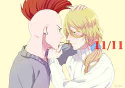 Rule 34 | 2boys, artist name, bad id, bad pixiv id, bald, bazz-b, bleach, blonde hair, blue eyes, blush, dated, earrings, food, green eyes, jewelry, jugram haschwalth, long hair, male focus, mohawk, multiple boys, necklace, pocky, pocky day, pocky kiss, red hair, ronisuke, shared food, simple background, upper body, yaoi, yellow background