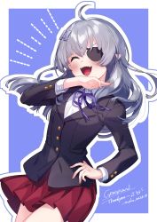 Rule 34 | 1girl, ahoge, blazer, buttons, closed eyes, collared shirt, commission, eyepatch, fangs, grey hair, hair ornament, hairclip, jacket, long hair, long sleeves, nokachoco114, open mouth, original, pleated skirt, pointy ears, shirt, signature, simple background, skeb commission, skirt, solo, virtual youtuber