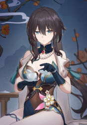 Rule 34 | 1girl, absurdres, bare shoulders, bead necklace, beads, black gloves, black hair, blue dress, blue eyes, breasts, brown hair, cleavage, closed mouth, covered navel, cresmsilet, cup, detached collar, dress, elbow gloves, flower, gloves, hair between eyes, hair ornament, highres, holding, holding cup, honkai: star rail, honkai (series), indoors, jewelry, large breasts, long hair, necklace, ruan mei (honkai: star rail), solo, teacup, teapot, thighs