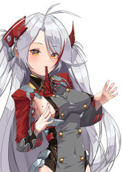 Rule 34 | 1girl, absurdres, antenna hair, azur lane, breasts, buttons, clothing cutout, double-breasted, glove in mouth, gloves, grey hair, headgear, highres, long sleeves, looking at viewer, marimo daifuku, medium breasts, mole, mole on breast, mouth hold, multicolored hair, orange eyes, prinz eugen (azur lane), red hair, side cutout, sideboob, simple background, solo, streaked hair, two-tone hair, upper body, white background