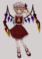 Rule 34 | 1girl, absurdres, arms behind back, ascot, blonde hair, crystal wings, dress, flandre scarlet, frills, full body, hat, hat ribbon, highres, mary janes, mob cap, red dress, red eyes, red ribbon, ribbon, shoes, side ponytail, simple background, smile, solo, touhou, user nkew3788, white background, yellow ascot