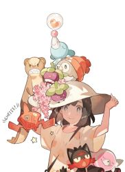Rule 34 | 1girl, beanie, black eyes, black hair, borrowed clothes, bounsweet, clothed pokemon, creatures (company), flower, game freak, gen 4 pokemon, gen 7 pokemon, hat, holding, holding clothes, holding hat, litten, nintendo, on head, pokedex, pokemon, pokemon (creature), pokemon on head, pokemon sm, popplio, red hat, rotom, rotom dex, rowlet, selene (pokemon), short hair, short sleeves, simple background, starshadowmagician, starter pokemon trio, stufful, white background, white hat, yungoos