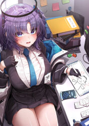 Rule 34 | 1girl, absurdres, black gloves, black skirt, blue archive, blue necktie, blush, breasts, coffee, collared shirt, cowboy shot, cup, doodle sensei (blue archive), doyoon 7, formal, gloves, halo, highres, indoors, jacket, large breasts, long hair, long sleeves, looking at viewer, mechanical halo, necktie, open clothes, open jacket, open mouth, paper, pleated skirt, purple eyes, purple hair, sensei (blue archive), shirt, skirt, solo, sticky note, suit, thighs, two-sided fabric, two-sided jacket, two side up, white jacket, white shirt, yuuka (blue archive)