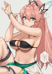 Rule 34 | 1girl, ?, ahoge, aqua eyes, arrow (symbol), bikini, black bikini, blush, bracelet, braid, breasts, cleavage, cleavage cutout, closed mouth, clothing cutout, commentary, dragalia lost, eyelashes, grey background, hair between eyes, hair ornament, haoni, highres, jewelry, large breasts, long hair, looking at viewer, louise (dragalia lost), midriff, navel, pink hair, ponytail, sarong, side braid, simple background, sitting, solo, speech bubble, spoken question mark, straight hair, sweatdrop, swimsuit, thigh strap, thighs, underboob