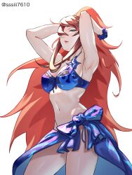 Rule 34 | 1girl, absurdres, armpits, bikini, blue bikini, blue sarong, breasts, green eyes, hair over one eye, highres, large breasts, lips, long hair, naruto, naruto (series), red hair, sarong, simple background, solo, sssiii7610, swimsuit, terumi mei, very long hair, white background