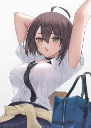 Rule 34 | 1girl, absurdres, arms up, azur lane, bag, baltimore (after-school ace) (azur lane), baltimore (azur lane), black choker, black necktie, black skirt, breasts, brown hair, choker, clothes around waist, collared shirt, cowboy shot, hair between eyes, highres, large breasts, loose necktie, necktie, no nipples, official alternate costume, partially unbuttoned, school bag, see-through, see-through shirt, see-through silhouette, shian-chu, shirt, short sleeves, simple background, skirt, solo, sweater, sweater around waist, tied sweater, uniform, white background, white shirt, yellow eyes