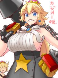 Rule 34 | 2girls, armlet, black collar, blonde hair, blue eyes, bowsette, breasts, brooch, chain, collar, crown, earrings, fang, forked eyebrows, gold trim, grey skirt, grin, hair between eyes, hammer, hand on own hip, high-waist skirt, holding, holding hammer, horns, huge breasts, jewelry, looking at viewer, mario (series), multiple girls, new super mario bros. u deluxe, nintendo, over shoulder, ribbed shirt, ringed eyes, sharp teeth, shirt, sideboob, simple background, skirt, smile, smithy, solo focus, spiked collar, spikes, star (symbol), super crown, super mario rpg, teeth, thick eyebrows, wasanbon (atwazooka), white background, white shirt