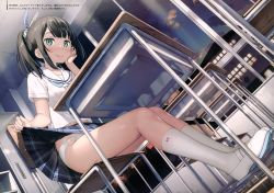 Rule 34 | 1girl, absurdres, black hair, blue neckerchief, blue skirt, blunt bangs, blush, chair, classroom, closed mouth, clothes lift, desk, from below, green eyes, hair ribbon, hand on own cheek, hand on own face, highres, huge filesize, indoors, kantoku, kneehighs, lifted by self, looking at viewer, looking down, navel, neckerchief, on chair, original, panties, plaid, plaid skirt, polka dot, ribbon, sailor collar, school chair, school desk, school uniform, serafuku, shirt, shoes, short hair, short sleeves, short twintails, sitting, skirt, skirt lift, sky, smile, socks, solo, thighs, translation request, twilight, twintails, underwear, upskirt, uwabaki, white footwear, white panties, white sailor collar, white shirt, white socks, window