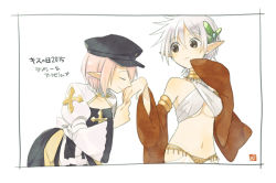 Rule 34 | 2girls, alternate color, arch bishop (ragnarok online), ark kan, bikini, black dress, black headwear, breasts, brown eyes, butterfly hair ornament, cabbie hat, closed eyes, closed mouth, commentary request, cowboy shot, cross, dated, detached sleeves, dress, gypsy (ragnarok online), hair between eyes, hair ornament, halterneck, hat, jewelry, juliet sleeves, kiss, kissing hand, long sleeves, looking at another, medium breasts, mismatched bikini, multiple girls, navel, necklace, pants, pink hair, pointy ears, puffy sleeves, ragnarok online, red sleeves, short hair, simple background, smile, swimsuit, translation request, two-tone dress, underboob, white background, white dress, white hair, white pants, yellow bikini
