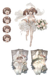 Rule 34 | 1girl, azur lane, blush, bouquet, breasts, brown hair, character sheet, cleavage, detached sleeves, dress, expressions, flower, frills, green eyes, high heels, highres, large breasts, long hair, looking at viewer, mkiiiiii, official alternate costume, official art, open mouth, see-through, solo, thighhighs, twintails, wedding dress, white dress, white footwear, white thighhighs, york (azur lane), york (oath of purity) (azur lane)