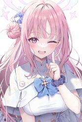 Rule 34 | 1girl, blue archive, blue bow, blue bowtie, blush, bow, bowtie, capelet, dress, finger to cheek, hair bun, hair ornament, halo, highres, index finger raised, long hair, looking at viewer, mika (blue archive), ojyomu, one eye closed, open mouth, pink hair, pink halo, simple background, single hair bun, single side bun, smile, solo, upper body, white background, white capelet, white dress, yellow eyes