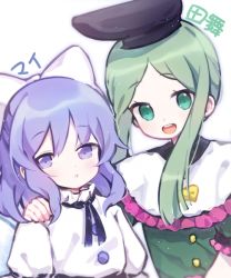 Rule 34 | 2girls, black headwear, blue eyes, blue hair, bow, capelet, dress, frills, green dress, green eyes, green hair, hand on another&#039;s shoulder, hat, mai (touhou), multiple girls, name connection, open mouth, short hair, short hair with long locks, simple background, soooooook2, tate eboshi, teireida mai, touhou, touhou (pc-98), translation request, upper body, white background, white bow, white capelet, white dress