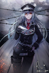 Rule 34 | 1girl, absurdres, artist name, bad id, bad pixiv id, barbed wire, belt, black hat, colored skin, gloves, hat, highres, hwayoung, long hair, looking at viewer, mole, mole under mouth, necktie, original, pale skin, red eyes, red necktie, silver hair, smile, solo, twitter username, vampire, white gloves, white skin