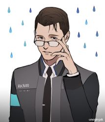 Rule 34 | 1boy, black-framed eyewear, black eyes, black jacket, brown hair, commentary request, connor (detroit), detroit: become human, gradient background, hand up, jacket, long sleeves, looking at viewer, male focus, onegingek, parted lips, rain, signature, solo, water drop, white background