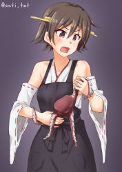 Rule 34 | ahoge, anti (untea9), apron, bare shoulders, brown hair, detached sleeves, hair between eyes, hairband, headgear, hiei (kancolle), highres, japanese clothes, kantai collection, long hair, octopus, open mouth, short hair, sweat, tentacles, twitter username