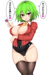 Rule 34 | 1girl, absurdres, arm under breasts, ascot, black legwear, black leotard, blush, breasts, cameltoe, cleavage, collarbone, collared shirt, commentary request, condom, condom wrapper, cowboy shot, curvy, gluteal fold, green hair, hair between eyes, heart, highres, holding, holding condom, isshin (sasayamakids), kazami yuuka, large breasts, leotard, long sleeves, open mouth, plaid, plaid shirt, red eyes, red shirt, shirt, short hair, simple background, skindentation, solo, speech bubble, thigh gap, thighs, touhou, translation request, white background, yellow ascot