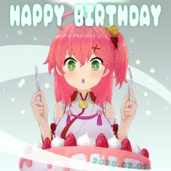Rule 34 | ahoge, bare shoulders, birthday, cake, chestnut mouth, dated, food, fork, frills, fruit, green eyes, hair between eyes, hair ornament, hair over shoulder, hairclip, happy birthday, highres, holding, holding fork, holding knife, hololive, knife, one side up, open mouth, pink hair, radicalfool, sakura miko, sakura miko (1st costume), sparkling eyes, strawberry, virtual youtuber