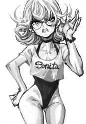 Rule 34 | 1girl, choker, cowboy shot, curly hair, female focus, glasses, hand on own hip, leotard, maddoxfanx, monochrome, one-punch man, shirt, simple background, solo, standing, tatsumaki, thighs, white background