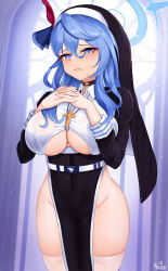 Rule 34 | 1girl, 82jhin, absurdres, ako (blue archive), belt, black choker, blue archive, blue eyes, blue hair, breasts, choker, closed mouth, clothing cutout, covered navel, cross, cross necklace, groin, habit, hair between eyes, hair ribbon, halo, hands up, highres, hip focus, interlocked fingers, jewelry, large breasts, long hair, necklace, nun, own hands together, pelvic curtain, raised eyebrows, ribbon, skindentation, solo, thighhighs, thighs, underboob, underboob cutout, veil, wavy hair, white belt, white thighhighs