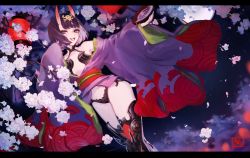 Rule 34 | 1girl, :d, alcohol, armpits, bare shoulders, cherry blossoms, cup, eyeliner, fate/grand order, fate (series), hair ornament, horns, japanese clothes, k (sktchblg), kimono, lantern, looking at viewer, makeup, oni, open mouth, pale skin, purple eyes, purple hair, sakazuki, sake, sash, short hair, shuten douji (fate), sleeves past wrists, smile, solo, thighhighs