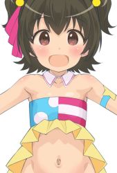 Rule 34 | 10s, 1girl, :d, akagi miria, armband, bad id, bad twitter id, bandeau, bare shoulders, black hair, blush, brown eyes, detached collar, flat chest, hair bobbles, hair ornament, idolmaster, idolmaster cinderella girls, inactive account, looking at viewer, navel, open mouth, out-of-frame censoring, pikapikapop, saeki tatsuya, short hair, simple background, smile, solo, strapless, tube top, twintails, two side up
