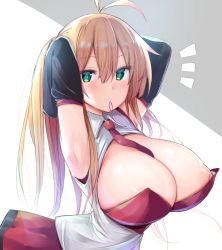Rule 34 | 1girl, absurdres, antenna hair, armpits, arms up, between breasts, blonde hair, blush, breasts, chipa (arutana), cleavage, detached sleeves, dress, green eyes, grey background, hair between eyes, highres, large breasts, long hair, looking at viewer, mouth hold, necktie, necktie between breasts, nipples, open mouth, red dress, red necktie, shirt, solo, tsurumaki maki, two-tone background, upper body, voiceroid, white background, white shirt