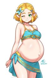 1girl ;) aqua_bikini aqua_sarong bikini blonde_hair braid breasts cowboy_shot crown_braid flower green_eyes hair_flower hair_ornament highres medium_breasts nintendo one_eye_closed pointy_ears pregnant princess_zelda rotomdocs sarong short_hair silent_princess simple_background smile solo swimsuit the_legend_of_zelda the_legend_of_zelda:_tears_of_the_kingdom white_background