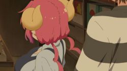 Rule 34 | 1boy, 1girl, aida taketo, animated, animated gif, apron, blood, blush, bouncing breasts, breasts, brown hair, cleavage, clothes pull, covering nose, dragon girl, gradient hair, horns, huge breasts, ilulu (maidragon), kobayashi-san chi no maidragon, large breasts, long hair, looking at another, multicolored hair, nosebleed, presenting, purple hair, red eyes, red hair, screencap, shirt pull, short hair, smile, standing, surprised, twintails