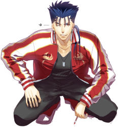 Rule 34 | 1boy, bad id, bad pixiv id, blue hair, cu chulainn (fate), fate/stay night, fate (series), jacket, cu chulainn (fate/stay night), letterman jacket, male focus, mitsuki mitsuno, one eye closed, ponytail, red eyes, red jacket, shoes, sneakers, solo, squatting