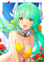 Rule 34 | 1girl, :d, ahoge, alternate hairstyle, atori, bare shoulders, bikini, blue sky, blush, bow, breasts, brown eyes, cleavage, cloud, collarbone, commentary request, day, dragon horns, fate/grand order, fate (series), flower, green hair, hair between eyes, hair bow, highres, horns, kiyohime (fate), kiyohime (swimsuit lancer) (first ascension) (fate), long hair, looking at viewer, low twintails, medium breasts, open mouth, red flower, sky, smile, solo, swimsuit, twintails, very long hair, yellow bikini, yellow bow