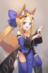 Rule 34 | 1girl, abigail williams (fate), animal ear fluff, animal ears, blonde hair, blue eyes, blue kimono, blue thighhighs, blush, breasts, cosplay, double fox shadow puppet, fate/extra, fate/grand order, fate (series), forehead, fox ears, fox shadow puppet, fox tail, highres, japanese clothes, kimono, long hair, looking at viewer, miya (miyaruta), parted bangs, small breasts, smile, tail, tamamo (fate), tamamo no mae (fate/extra), tamamo no mae (fate/extra) (cosplay), thighhighs