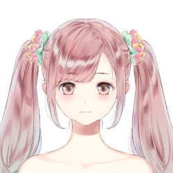 Rule 34 | 1girl, bare shoulders, blue reflection, blue reflection (series), blush, closed mouth, eyelashes, hair ornament, hair scrunchie, inoue chihiro, kishida mel, light smile, long hair, looking at viewer, pink hair, portrait, scrunchie, sidelocks, simple background, smile, solo, swept bangs, twintails, white background