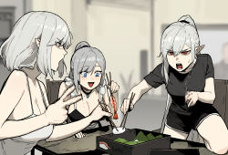 Rule 34 | 3girls, blurry, blurry background, breasts, chair, choker, chopsticks, cleavage, gogalking, grey hair, hair between eyes, highres, holding, holding chopsticks, large breasts, maid (gogalking), motion lines, multiple girls, open mouth, original, pointy ears, ponytail, red eyes, rock paper scissors, short sleeves, shorts, table, teeth, tongue, vampire&#039;s sister (gogalking), vampire (gogalking)