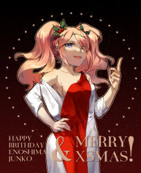 Rule 34 | 1girl, :d, alternate hair ornament, bare shoulders, black background, blue eyes, breasts, character name, collarbone, danganronpa: trigger happy havoc, danganronpa (series), dress, enoshima junko, hair ornament, hand on own hip, happy birthday, index finger raised, medium breasts, open mouth, pa zi dinglu, red background, red dress, red nails, smile, solo, sparkle, white dress