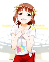 Rule 34 | 1girl, 2015, :d, amami haruka, blush, brown hair, dated, green eyes, hair ribbon, hands on own chest, idolmaster, idolmaster (classic), looking at viewer, nagian, open mouth, pants, ribbon, shirt, short hair, smile, solo, sweat, tank top, tied shirt, track pants