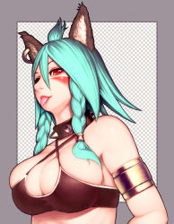Rule 34 | 1girl, ahoge, animal ears, aqua hair, armlet, bare shoulders, bikini, bikini top only, border, braid, breasts, bursting breasts, checkered background, cleavage, collar, criss-cross halter, earrings, elfe (lucent heart), envenomist (gengoroumaru), facial mark, from side, green hair, hair between eyes, hair tubes, halterneck, hoop earrings, jewelry, large breasts, looking at viewer, lucent heart, parted bangs, piercing, red eyes, short hair, short hair with long locks, side braid, sideboob, single earring, skindentation, spiked collar, spikes, swimsuit, tongue, tongue out, twin braids, upper body