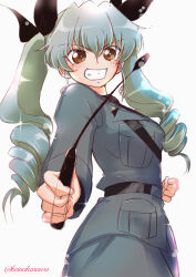 Rule 34 | 1girl, anchovy (girls und panzer), anzio military uniform, backlighting, belt, black belt, black necktie, black ribbon, black shirt, brown eyes, clenched hand, cowboy shot, dress shirt, drill hair, from side, girls und panzer, green hair, grey jacket, grey pants, grin, hair ribbon, holding riding crop, jacket, long hair, long sleeves, looking at viewer, military uniform, nakasawa kei, necktie, pants, ribbon, riding crop, sam browne belt, shirt, simple background, smile, solo, standing, twin drills, twintails, twitter username, uniform, white background, wing collar