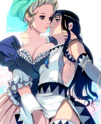 Rule 34 | 2girls, asymmetrical docking, bad id, bad pixiv id, black eyes, black hair, blonde hair, blush, breast press, breasts, brown eyes, brown hair, cleavage, dress, elbow gloves, eye contact, female focus, fingering, gloves, himiko (historical person), imminent kiss, implied fingering, kouno (masao), large breasts, lips, long hair, looking at another, marie antoinette (historical person), multiple girls, real life, real life insert, side slit, sideboob, yuri