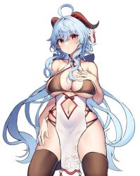 Rule 34 | 1girl, ahoge, bare shoulders, black thighhighs, blue hair, blush, breasts, cleavage, clothing cutout, ganyu (genshin impact), genshin impact, hand on own chest, horns, large breasts, long hair, looking at viewer, navel, navel cutout, purple eyes, sidelocks, skindentation, sob (submar1089), solo, thighhighs, thighs, white background
