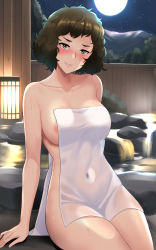 Rule 34 | 1girl, areola slip, bare shoulders, black hair, blush, breasts, brown eyes, collarbone, commentary, covered navel, covering privates, english commentary, grin, highres, kawakami sadayo, lainart, looking at viewer, medium breasts, moon, naked towel, night, night sky, nude cover, onsen, parted lips, persona, persona 5, short hair, sitting, sky, smile, solo, star (sky), starry sky, thighs, towel, water, wet
