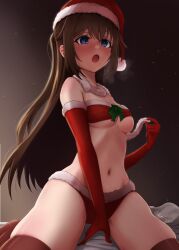 Rule 34 | 1girl, bikini, blue eyes, blush, breasts, brown hair, christmas, elbow gloves, gloves, hat, kneeling, legs apart, long hair, love live!, medium breasts, navel, open mouth, osaka shizuku, ponytail, red bikini, red gloves, red hat, red thighhighs, santa hat, satolive20, solo, swimsuit, thighhighs, thighs