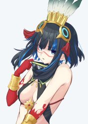 Rule 34 | 1girl, bare shoulders, black hair, blood, blood on hands, blue hair, bracer, breasts, colored inner hair, detached collar, facepaint, fate/grand order, fate (series), feathers, grey eyes, halterneck, headdress, high collar, lamune otohara, looking at viewer, multicolored hair, open mouth, short hair, sidelocks, small breasts, solo, tassel, tenochtitlan (fate), tenochtitlan (first ascension) (fate)