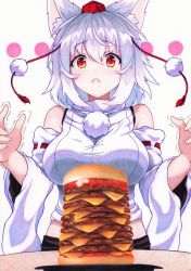 Rule 34 | 1girl, animal ears, bare shoulders, black skirt, blush, breasts, burger, circle, commentary request, detached sleeves, food, hair between eyes, hands up, hat, highres, inubashiri momiji, kittona, large breasts, long sleeves, looking at viewer, midriff, open mouth, plate, pom pom (clothes), red eyes, ribbon-trimmed sleeves, ribbon trim, shirt, silver hair, simple background, skirt, solo, table, tassel, tokin hat, touhou, traditional media, trembling, turtleneck, upper body, white background, white shirt, wide sleeves, wolf ears